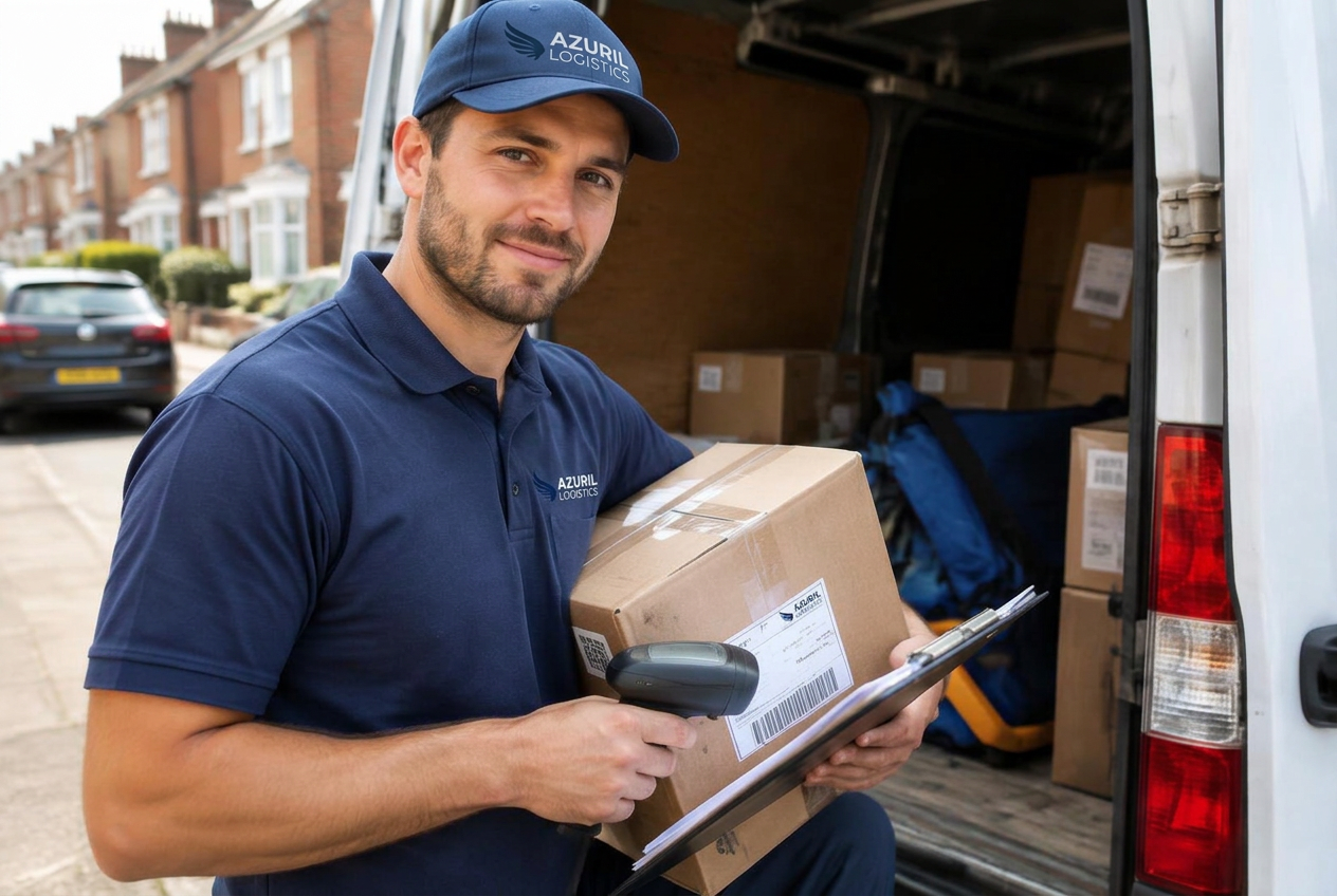 Azuril courier handing off a parcel at a delivery van's open rear door