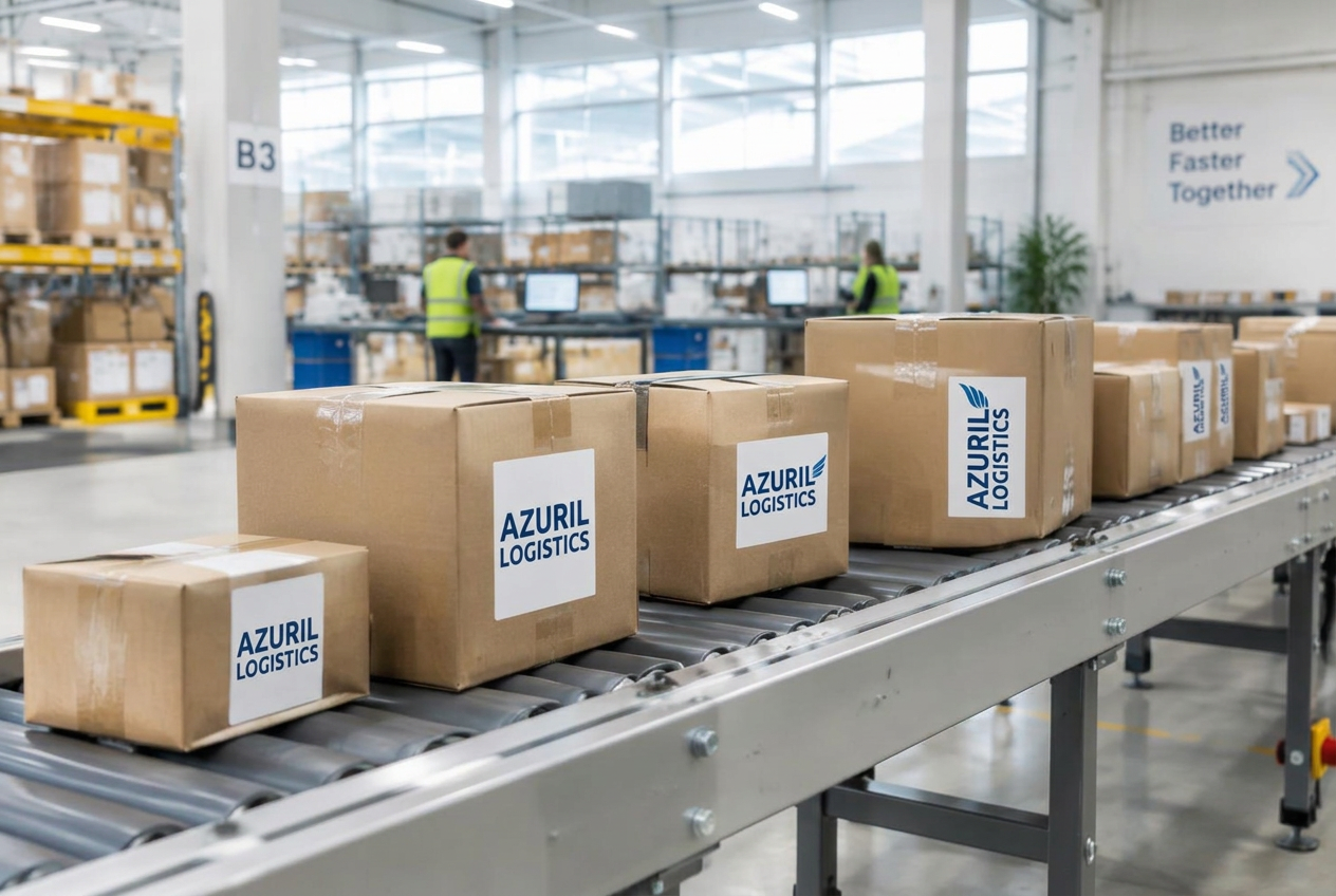 Stacked parcels on a conveyor in an Azuril fulfilment warehouse
